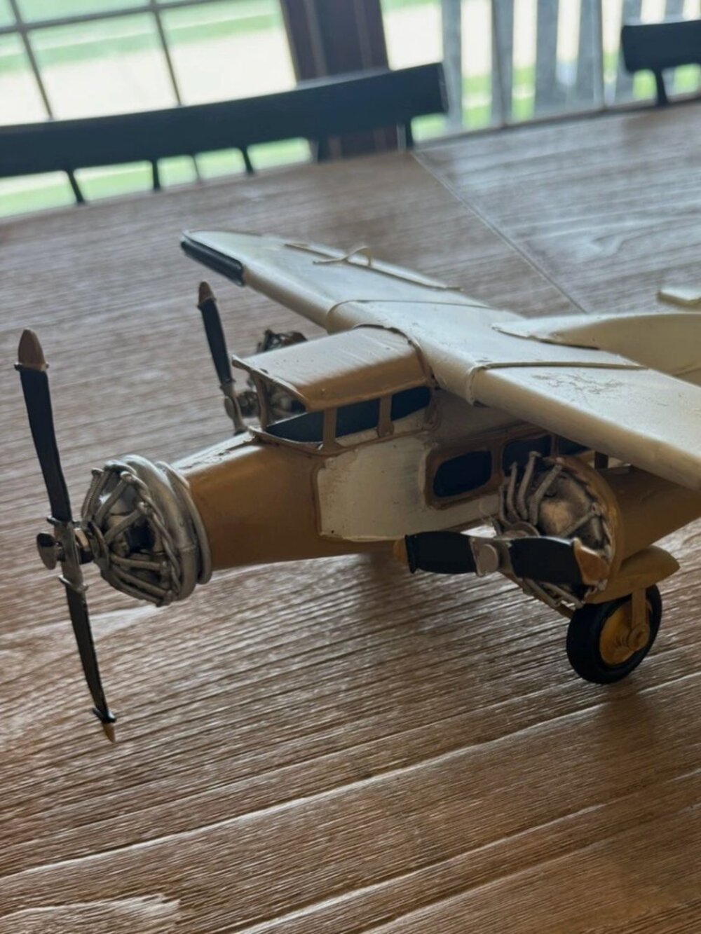 Vintage Style Metal Toy Airplane Decoration Yellow 3-Propeller Plane 13" X 13"